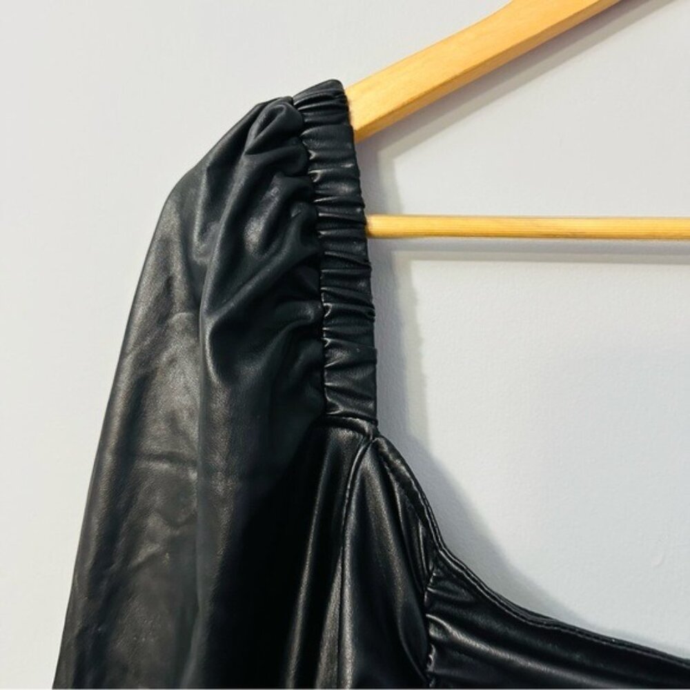 Topshop Faux Leather Ruched Mini Dress Black Puff Sleeve Y2K Baddie US 12 - Picture 8 of 12